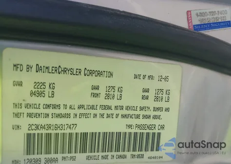 2006 Chrysler 300 из США, поврежденный, VIN 2C3KA43R16H317477